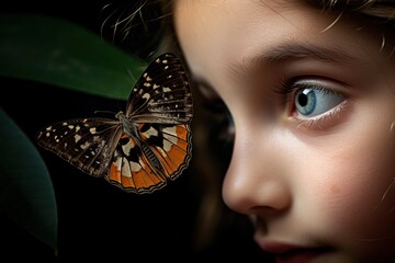 A little girl looks at a beautiful large butterfly in front of her face