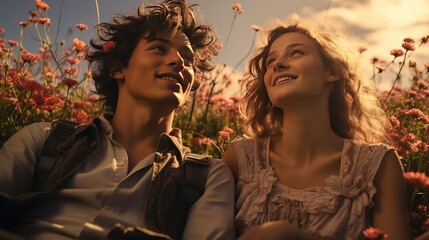 A young, beautiful guy and girl with open eyes in a summer field among flowers, dreamily looking into the blue sky with clouds. Lovers relax serenely on a sunny day.