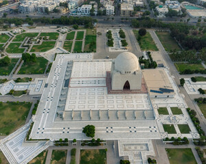Aerial Picture of mausoleum of Quaid-e-Azam in bright sunny day, also known as mazar-e-quaid,...