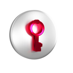 Red Old key icon isolated on transparent background. Silver circle button.