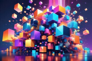 Colorful 3d cubes creative background, horizontal composition - obrazy, fototapety, plakaty