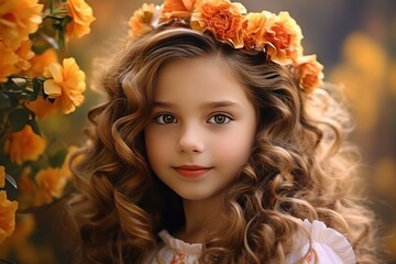 A seven year old girl in a simple light dress with a bouquet of beautiful flowers in the interior of a village house.