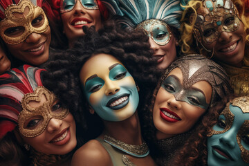 Obraz premium Top view of multiethnic group of people at venice carnival