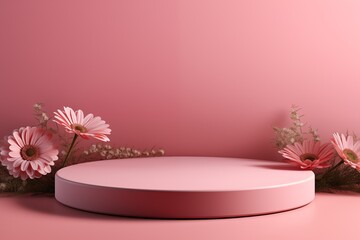 Empty marble round podium on pink background surrounded by flowers. Pedestal for the presentation of cosmetic products, perfume or drinks