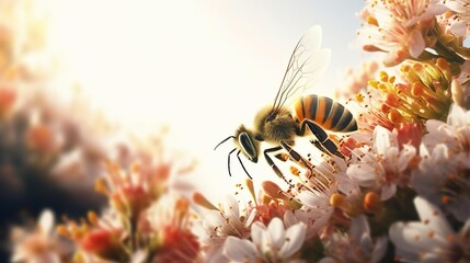 A bee in nature pollinate - obrazy, fototapety, plakaty