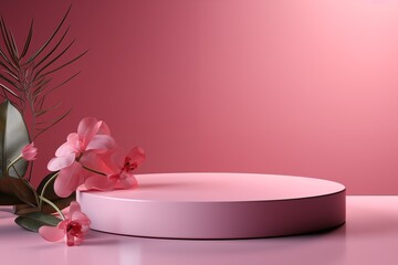 Obraz na płótnie Canvas Empty marble round podium on pink background surrounded by flowers. Pedestal for the presentation of cosmetic products, perfume or drinks