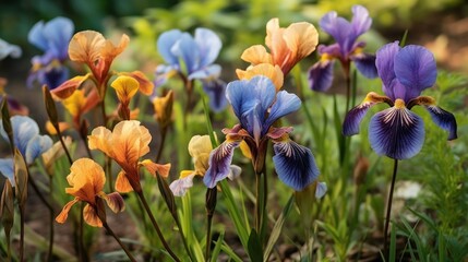 Beautiful multicolored irises blooming in the garden. Mother's day concept with a space for a text. Valentine day concept with a copy space.