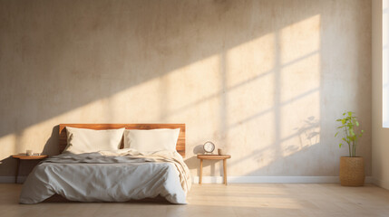 光が差し込むナチュラルなベッドがあるシンプルな寝室