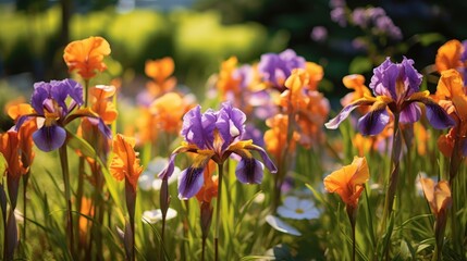 Beautiful irises in the garden. Spring flowers in the garden. Mother's day concept with a space for a text. Valentine day concept with a copy space.