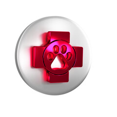 Red Veterinary clinic symbol icon isolated on transparent background. Cross hospital sign. A stylized paw print dog or cat. Pet First Aid sign. Silver circle button.