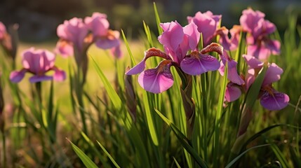 Beautiful purple iris flowers blooming in the garden at sunset. Mother's day concept with a space for a text. Valentine day concept with a copy space.