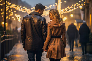 Loving couple walking hand in hand in Paris