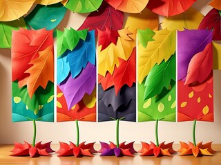 Colorful leaves in the abstract banner made from paper shapes concept for autumn weather. Paper art leaves design. Autumn leaves background.
