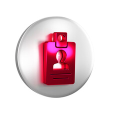 Red Identification badge icon isolated on transparent background. It can be used for presentation, identity of the company, advertising. Silver circle button.
