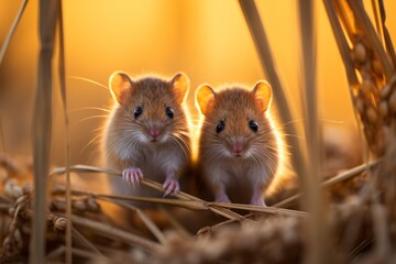 Curious and adorable duo of small mice joyfully exploring a vast and picturesque wheat field