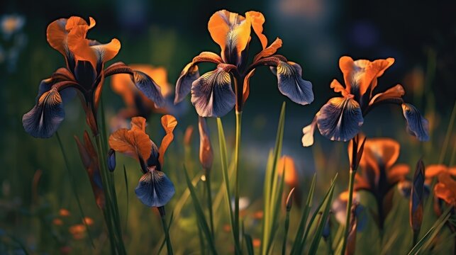 Beautiful iris flowers in the garden at sunset. Selective focus. Mother's day concept with a space for a text. Valentine day concept with a copy space.