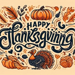 Decorative lettering Thanksgiving with seasonal design elements and turkey. for banners, cards, posters and invitations copy created with generative ai