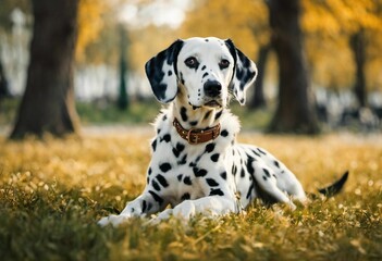 AI illustration of A white and black spotted Dalmatian dog lying in a grassy field, paws in the air