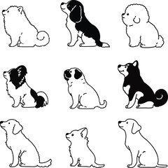 Set of adorable dogs sitting in side view illustrations with only outlines