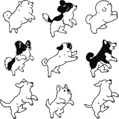 Set of adorable and simple dogs jumping illustrations with only outlines