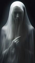 Naklejka premium A close-up portrait of a ghost woman, lady in white veil, ethereal statue