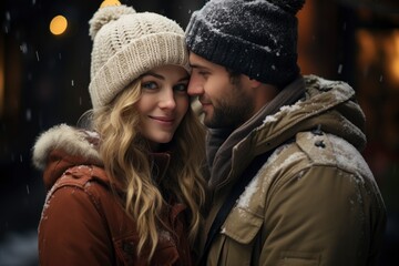 Love radiates from a pair locked in affection on a lively avenue, clad in snug sweaters and warm hats.