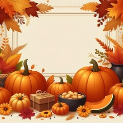 Happy Thanksgiving Day party poster template with autumn maple leaves and pumpkins. illustration empty space decoration with space for copy copy created with generative ai