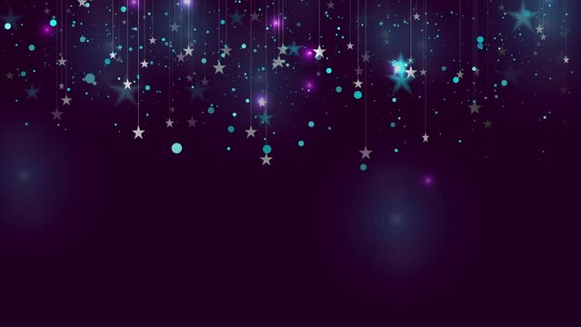 Silver hanging stars and neon shiny particles abstract background. Seamless looping New Year and Christmas motion design. Video animation Ultra HD 4K 3840x2160