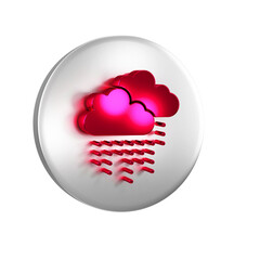 Red Cloud with rain icon isolated on transparent background. Rain cloud precipitation with rain drops. Silver circle button.