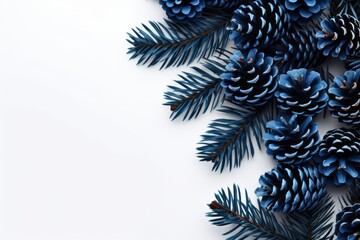 Festive winter christmas decor on white background   top view mockup in blue color scheme