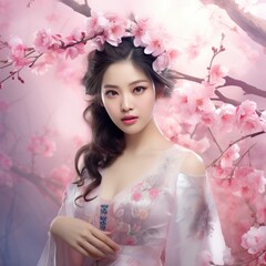 Beautiful young woman under romantic spring peach blossoms