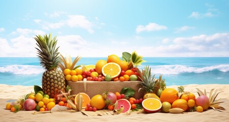 Colorful tropical scene filled with fruits