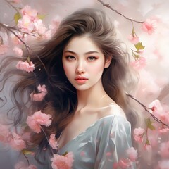 Fototapeta premium Beautiful young woman under romantic spring peach blossoms
