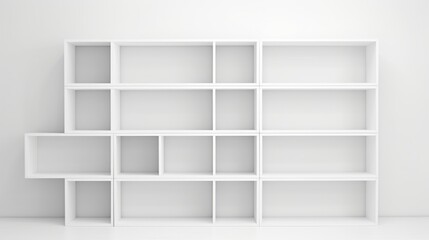 Minimalist White Bookshelf An elegant, modern white bookshelf with multiple compartments, perfect for a minimalist interior design.
