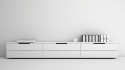 A chic, minimalist white sideboard featuring books and a clock, perfect for a modern, Scandinavian-inspired interior.