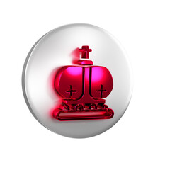 Red British crown icon isolated on transparent background. Silver circle button.