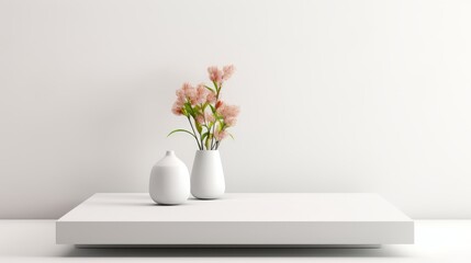 minimalist elegance featuring two white vases with delicate pink flowers, set against a pristine white background.
