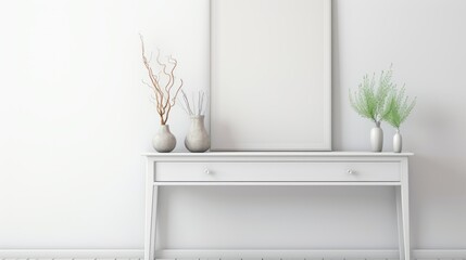 A minimalist white console table adorned with chic vases and fresh plants, exuding a serene and modern vibe.