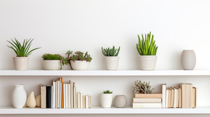 Botanical Bookshelf An array of indoor plants nestled among books on white shelves, creating a cozy and vibrant corner.