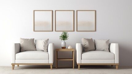 A modern living room featuring white sofas, a chic coffee table, and blank picture frames, embodying a blend of comfort and style.