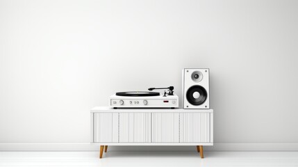 A sleek modern music setup featuring a turntable and speaker on a white cabinet, perfect for the discerning audiophile. - obrazy, fototapety, plakaty