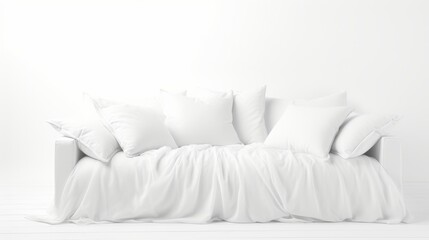 Fototapeta na wymiar A luxurious modern white sofa adorned with multiple pillows, offering a blend of comfort and style in a pristine white room.