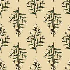 Vector seamless pattern with hand drawn cypress branches. Beautiful design elements, ink drawing. Perfect for prints and patterns for Christmas or New Year holidays season.