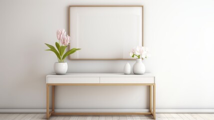 Modern White Console Table “An elegant white console table adorned with pink flowers, exuding a modern and chic vibe.