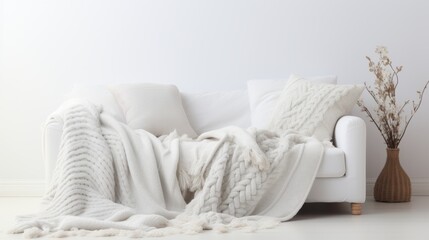 Fototapeta na wymiar A cozy white couch with a knitted blanket and pillows is perfect for relaxing and unwinding.