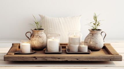 Fototapeta na wymiar A wooden tray topped with candles and vases, creating a calming and relaxing atmosphere.