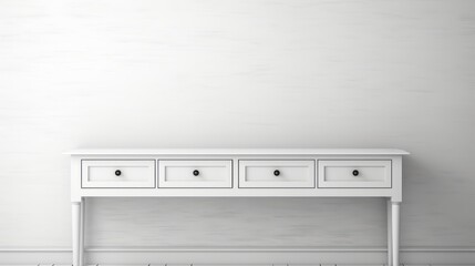 A modern white console table with four drawers, offering a clean, minimalist aesthetic for contemporary interiors.