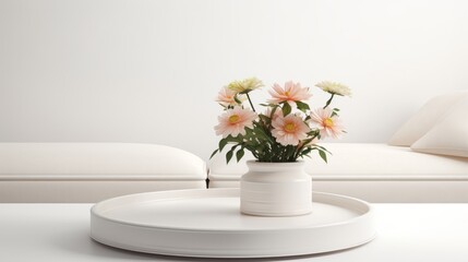 white vase with vibrant pink and yellow flowers, set on a white tray in a contemporary living room.