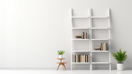 A minimalist white bookshelf adorned with books and plants, exuding a clean, modern aesthetic against a white backdrop.