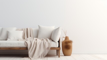 Fototapeta na wymiar A cozy Scandinavian living room featuring a wooden bench with white pillows and a woven vase, exuding warmth and simplicity.